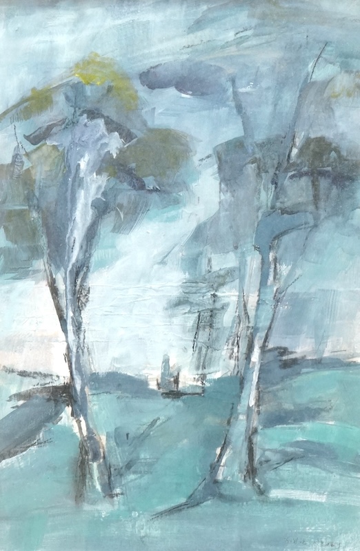 Billie Newey (contemporary), Tanyard trees, abstract acrylic on board, signed, 36 x 24cm